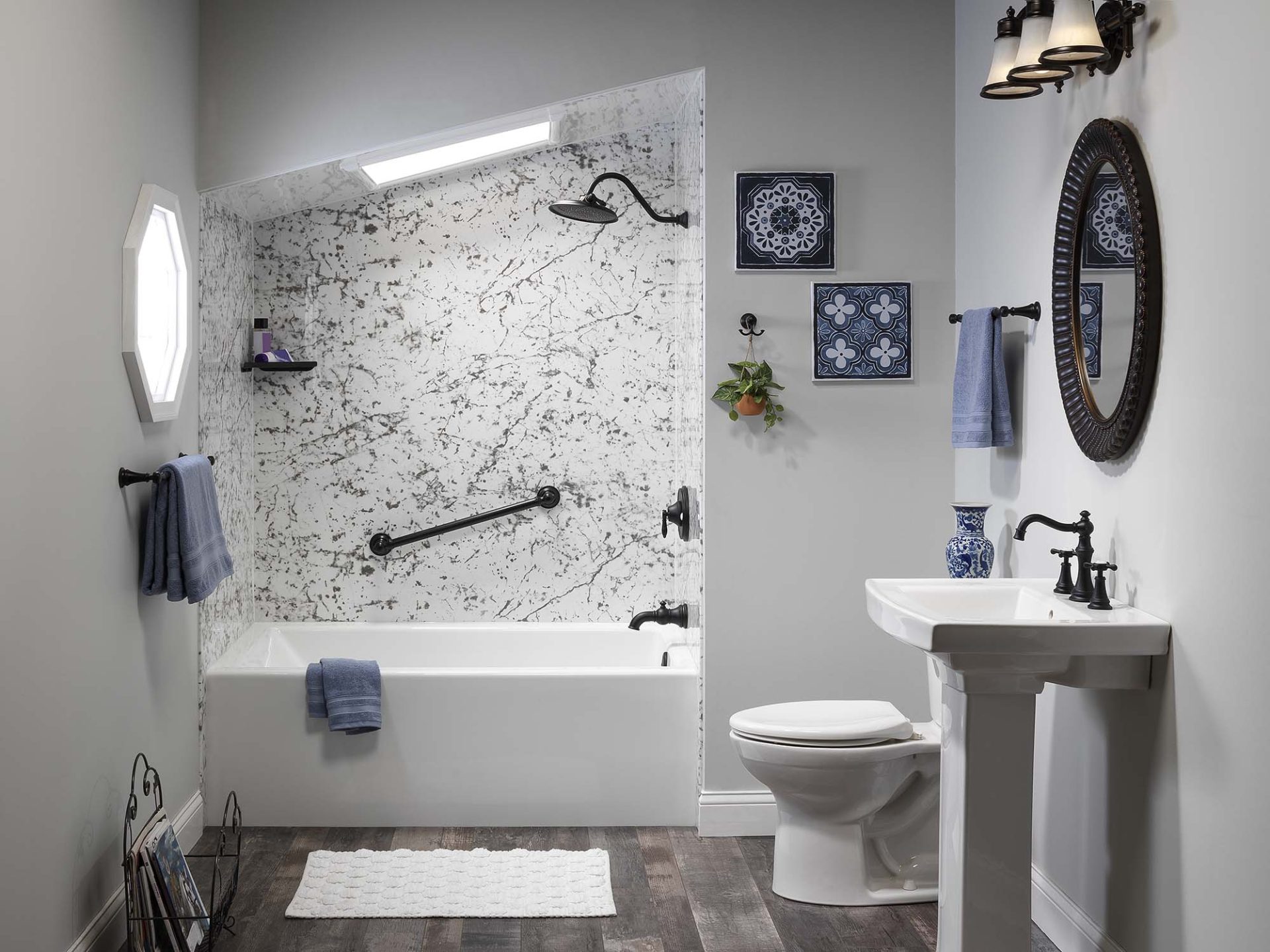 modern bathroom remodel with tub and grab bar